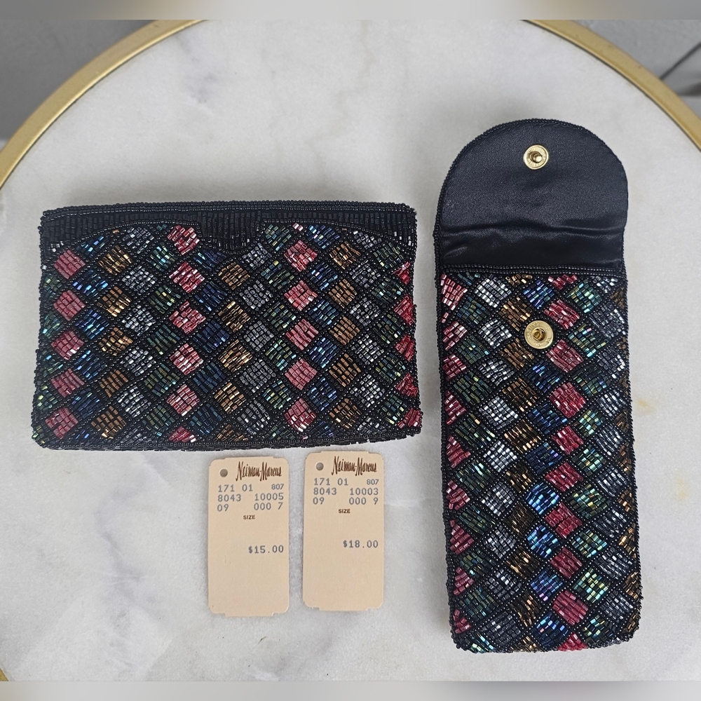 Neiman Marcus Black and Jewel Tone Vintage‎ Hand-Beaded Coin/Eyeglass Purse  SML